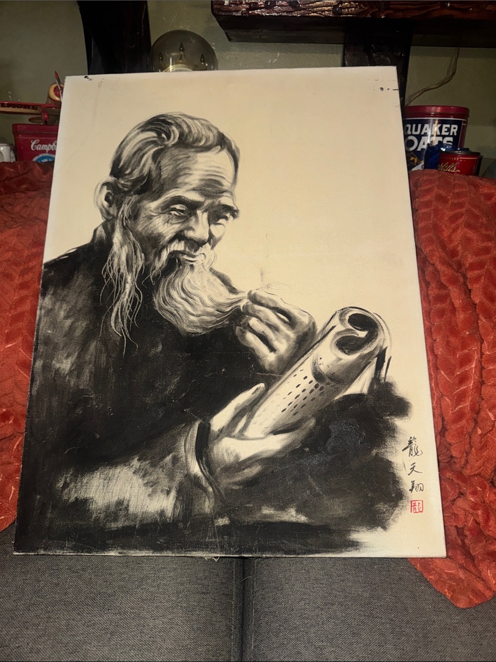 Original Chinese Ink / Monochrome Style Painting on Canvas – Wise Sage